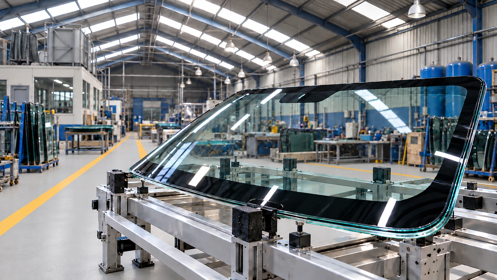 Recreación conceptual de un cristal automotriz laminado sobre un soporte de fabricación, en una nave industrial.