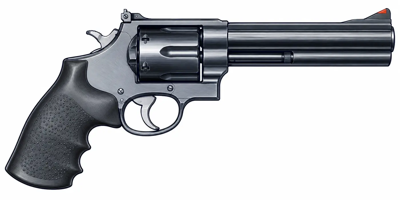 Ilustración de revólver calibre .44 Magnum apuntando a la derecha