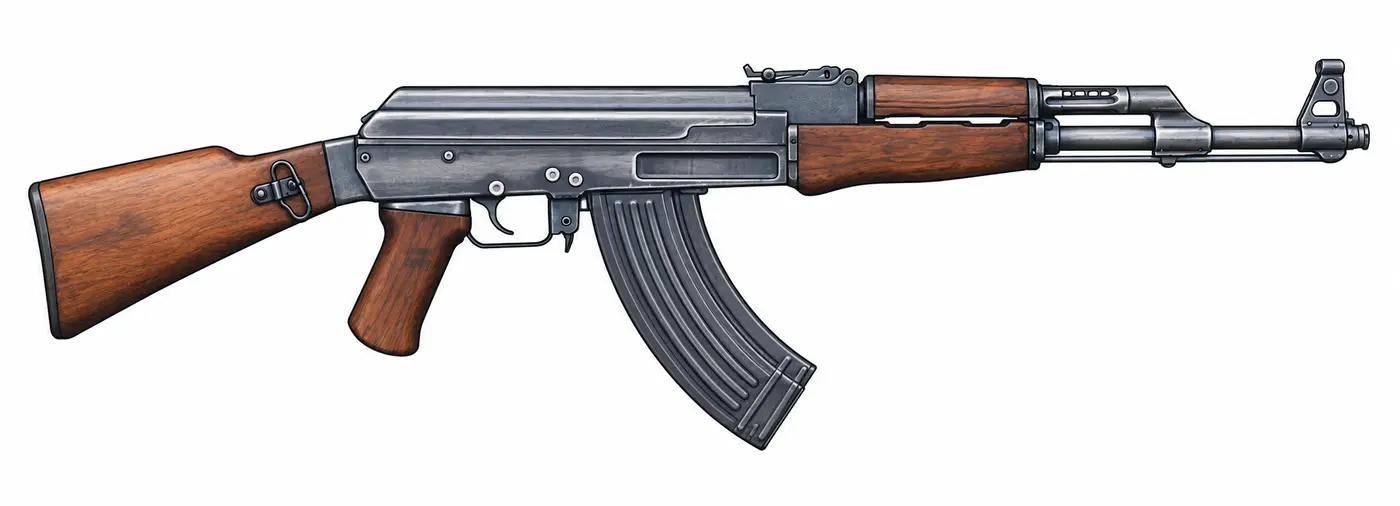 Ilustración de fusil AK-47 calibre 7.62 por 39 milímetros apuntando a la derecha